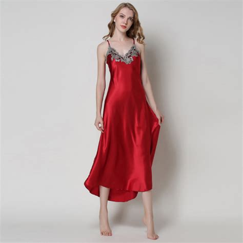 women sexy long dress nightgown sleeveless lace sleepwear summer plus size solid color silk