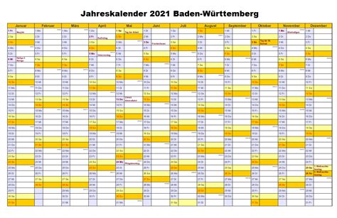 Im laufe des jahres 2021, gibt es 365 tage, 253 arbeitstage, 12 feiertage, 104 wochenendtage. Kostenlos Jahreskalender 2021 Baden-Württemberg Zum ...