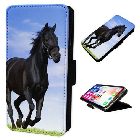 Black Arabian Horse Flip Phone Case Wallet Cover Fits Iphones