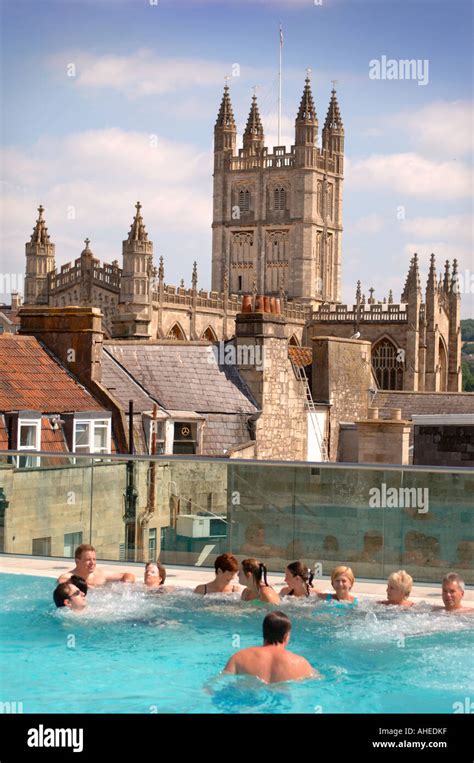 Bath Abbey From The Rooftop Pool Of Thermae Bath Spa Uk Stock Photo Alamy