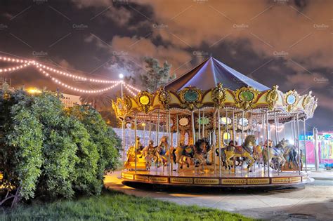 Vintage Carousel At Night High Quality Arts And Entertainment Stock