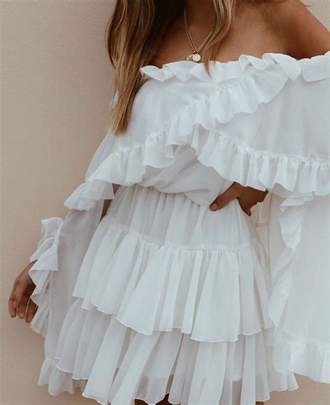 White Ruffle Off Shoulder Dress White Outfits Classy Outfits Stylish
