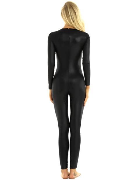 women‘s one piece shiny metallic mesh panel full body catsuit bodysuit clubwear ebay