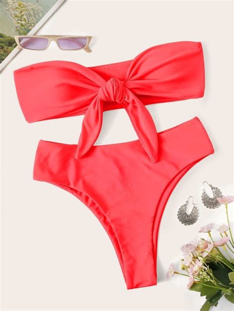 Knot Front Bandeau With High Leg Bikini Set