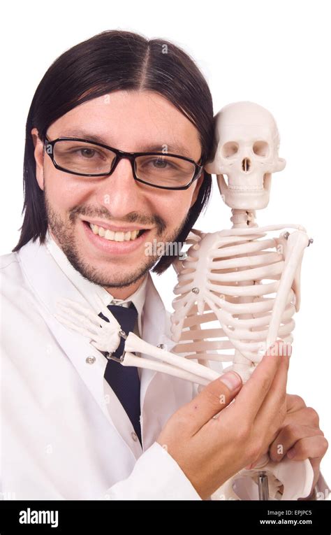 Funny Teacher With Skeleton Isolated On White Stock Photo Alamy