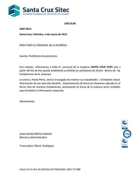 Circular Ejemplo De Una Circular Ejercicios De Comunicación Docsity