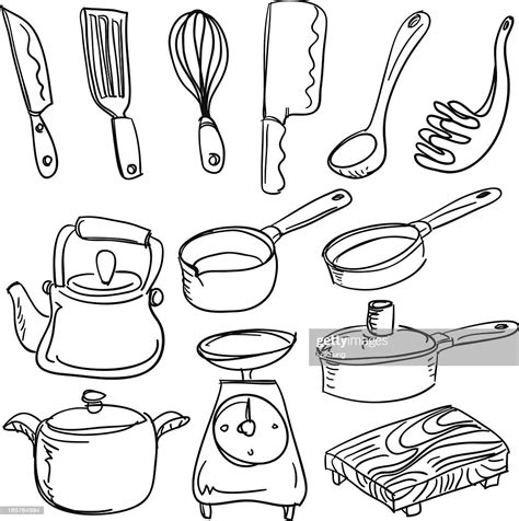 Lot of old wire kitchen utensils, all in. Kitchen Utensils In Sketch Style Stockillustraties - Getty ...