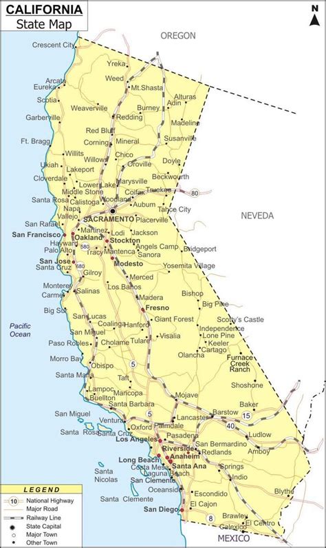 The California State Map Is Shown With All Its Roads And Major Cities