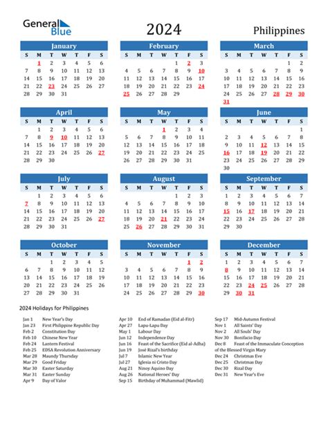 2024 Philippines Calendar With Holidays