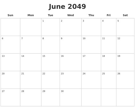 June 2049 Blank Calendar Pages
