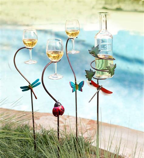 Metal Wine Bottle And Glass Holder Stakes Set Wind And Weather
