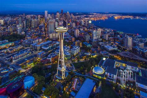 Aerial View Of Skyline With Space Needle In Seattle King County