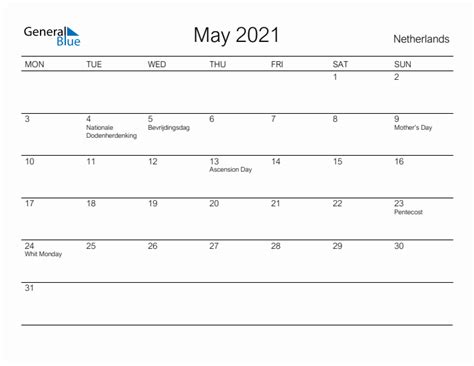 Printable May 2021 Monthly Calendar With Holidays For Netherlands