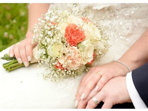 Wedding Bouquet Handmade With White Roses Coral Carnations And Apple