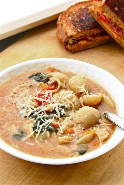 Tuscan Sausage Soup With Shell Pasta Spinach White Beans Feast On