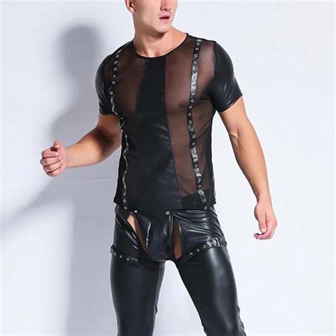 Mens Wetlook Leather T Shirt Sexy Men See Through Sheer Mesh Patchwork