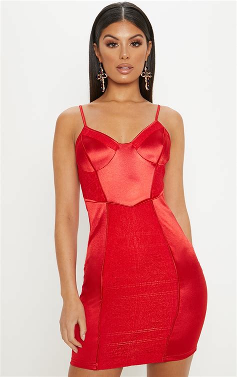 red satin strappy lace panel bodycon dress prettylittlething ie