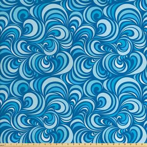 Blue Fabric By The Yard Marine Waves Pattern Abstract Curly Forms