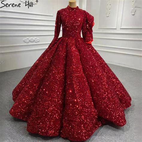 Serene Hill Muslim Wine Red Sequined Wedding Dresses 2021 Long Sleeves