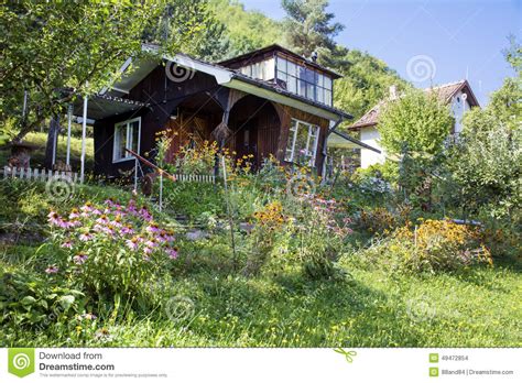 Beautiful Brown Wooden House With Big Green Garden Stock Photo Image