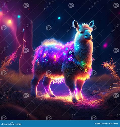 Fairy Tale Alpaca With Neon Lights 3d Rendering Generative Ai Stock