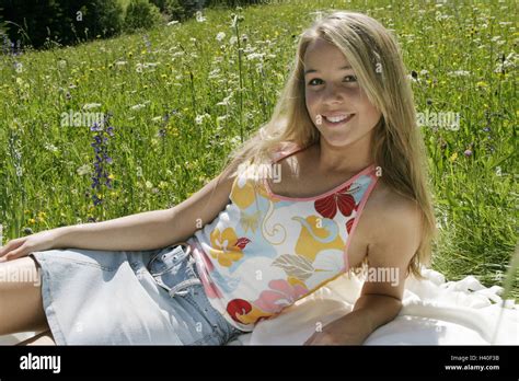 Flower Meadow Teenagers Girl Lie Sit Happy Spring Leisure Time Young Persons Girls