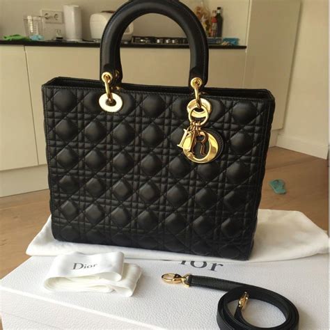 Christian Dior Lady Dior Cannage Large Black Leather Handbag Womens