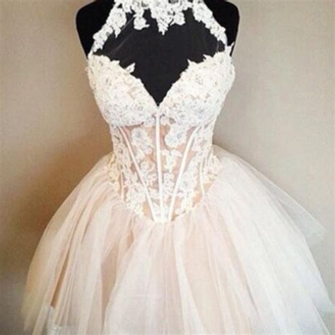 Ball Gown White Nude Short Homecoming Dresses High Neck Appliques Tulle