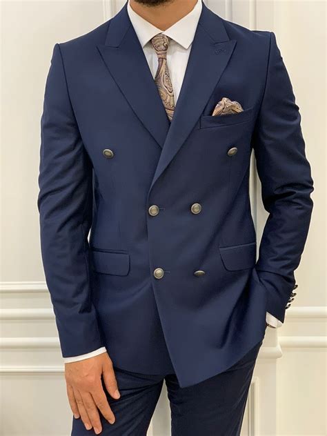 Navy Blue Slim Fit Double Breasted Suit For Men