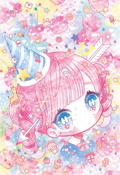 Anime Art~♡ Fairy Kei Yume Kawaii Pastel Rainbow Colorful Chibi Party Hat