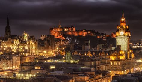 Scotland Houses Castles Clock Night Street lights Edinburgh Castle ...