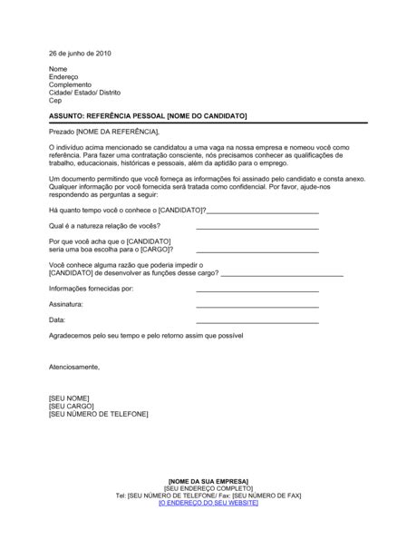 Carta De Verificação De Referência Pessoal Documentos E Formulários