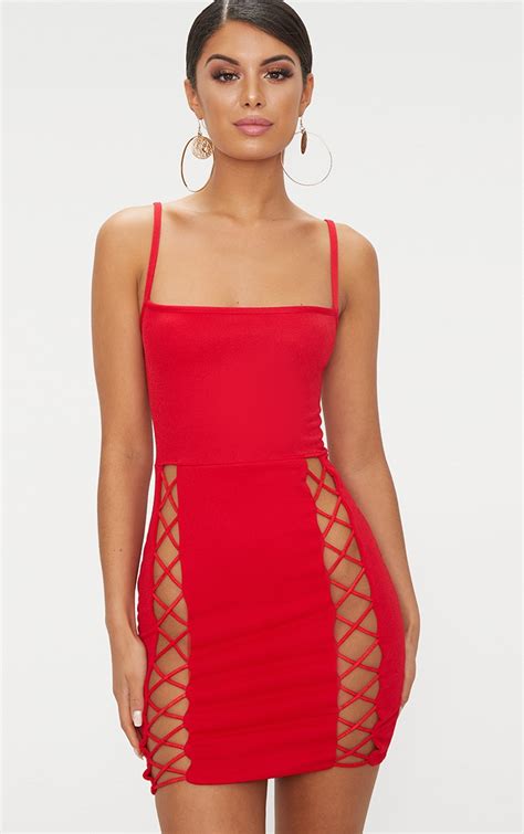 Red Strappy Square Neck Lace Up Thigh Bodycon Dress Prettylittlething