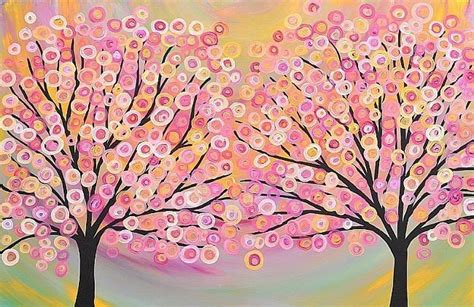 Hand Painted Abstract Oil Painting Two Trees In Gold Pink Abstract