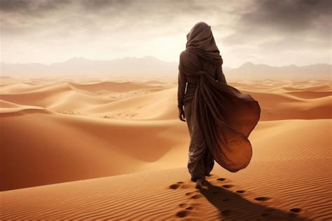 Premium Photo A Woman Walks On The Sand In The Desert At Sunset