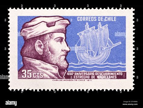 Postage Stamp From Chile Depicting Ferdinand Magellan And One Of His