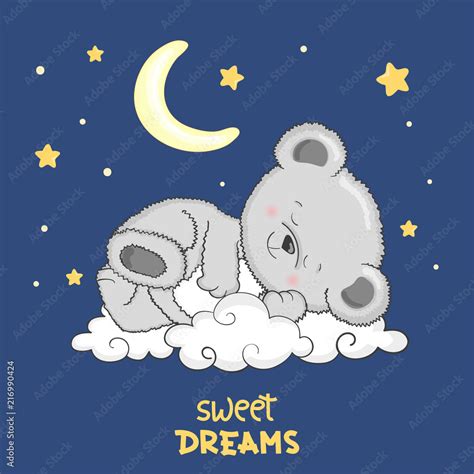 Cute Teddy Bear Sleeping On The Cloud Sweet Dreams Vector Illustration
