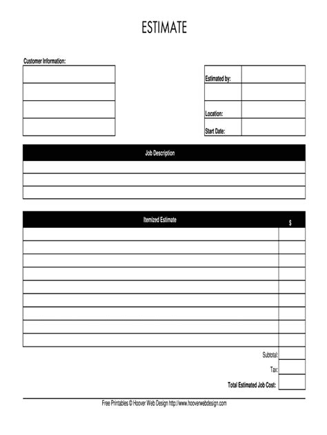 Fillable Estimate Form Printable Forms Free Online