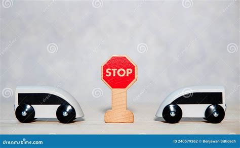 Miniature Car Toy With Mini Stop Sign On The Table Stock Photo Image