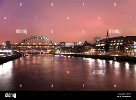 Newcastle Gateshead Quayside At Night Tyne Bridges At Night Stock