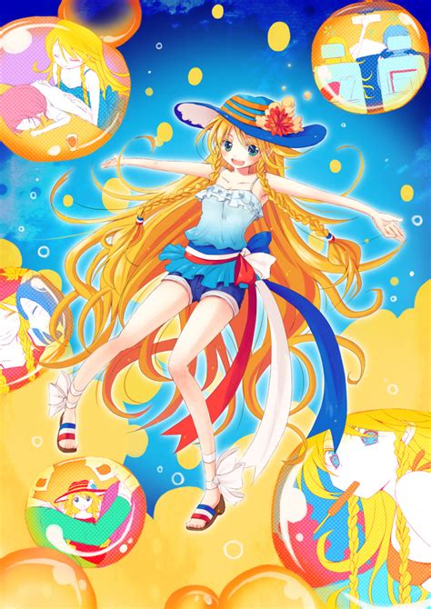 Safebooru Blonde Hair Blue Eyes Blush Braid Bubble Flower Happy Hat Highres Legs Long Hair