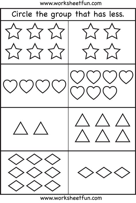 More Or Less Preschool Math Worksheets Free Kindergarten Worksheets