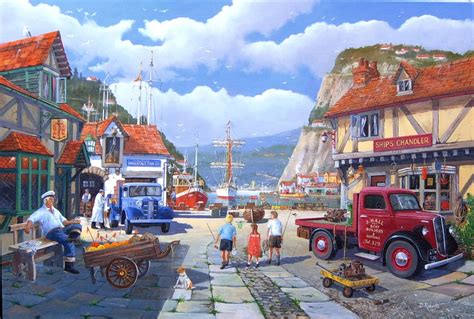 Busy Harbour 1960s Nostalgia Art Nostalgic Art Summer Painting