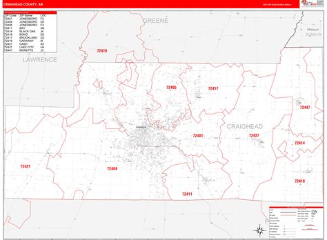Craighead County Ar Zip Code Wall Map Red Line Style By