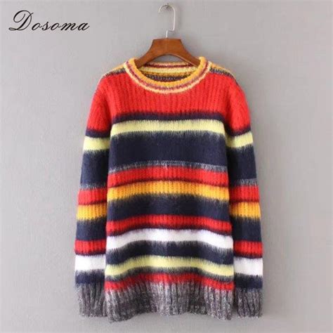 Rainbow Striped Sweater Women Winter Mohair Colorful Pullover Sweaters