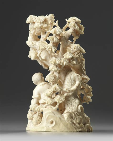 A Chinese Carved Ivory Boys And Pine Group Oaa