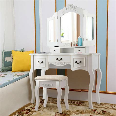 Tri Folding Vintage White Vanity Makeup Dressing Table Set