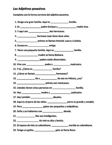 Possessive Adjectives In Spanish Worksheet