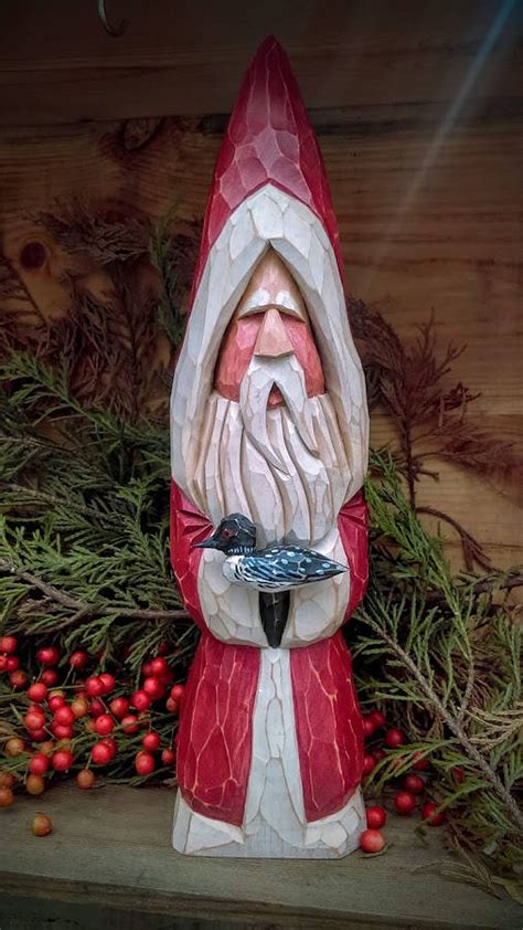 Carved Wooden Santa With Loon Hand Carved Santa Stnick Santa Etsy