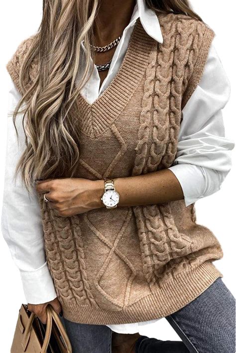Alvaq Women Oversized Cable Knitted Sweater Vest Vintage V Neck Loose